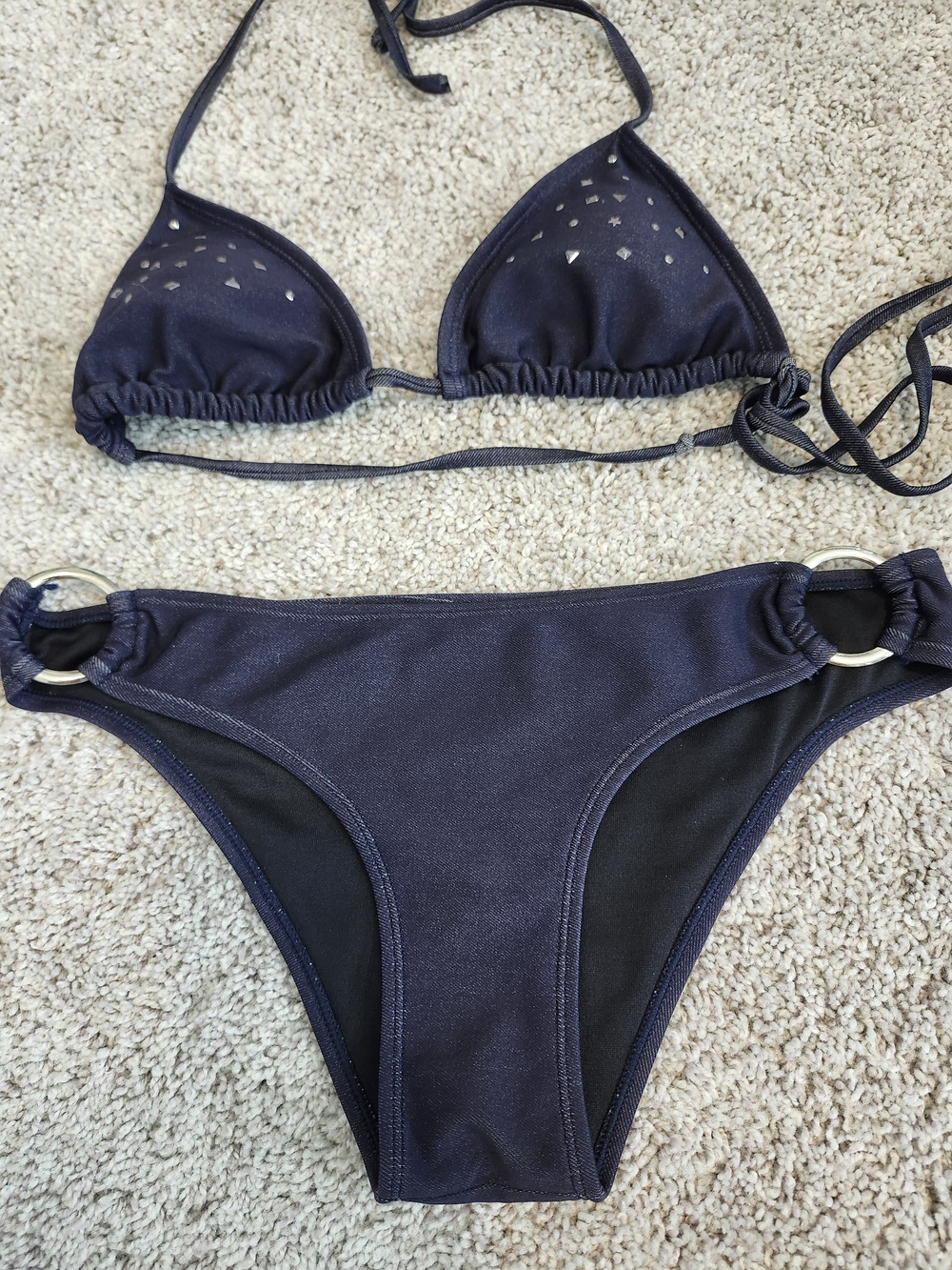 Women’s Navy 'JEAN Look' Triangle Bikini Set with Silver Accent Studs And Rings
